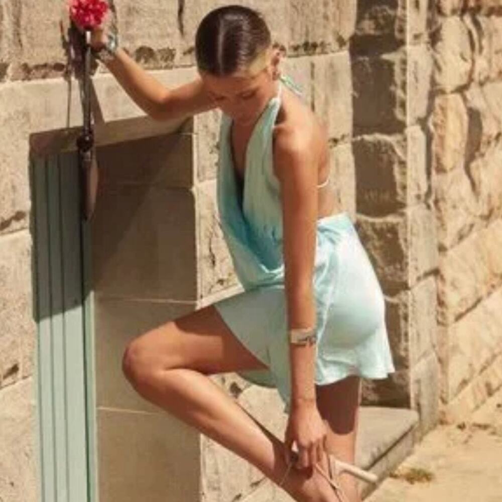 SNDYS Rosita Halter Mini Dress in Fresh Mint With Stone Bead Straps NEW - Picture 3 of 9